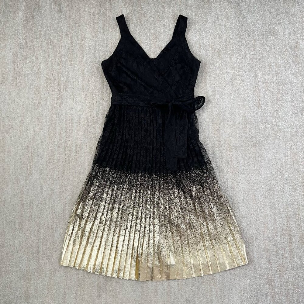 Worthington Black Lace Pleated Metallic Gold Dip Dye Midi Dress 10 Sleeveless
